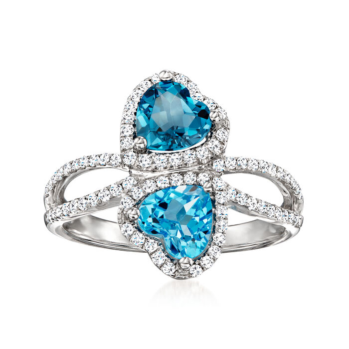 1.70 ct. t.w. London and Swiss Blue Topaz Heart Ring with .39 ct. t.w. Diamonds in 14kt White Gold