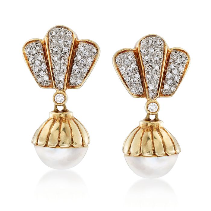 C. 1980 Vintage 13.5mm Mabe Pearl and .85 ct. t.w. Diamond Drop Earrings in 14kt Yellow Gold
