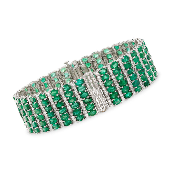 20.00 ct. t.w. Emerald and 5.75 ct. t.w. Diamond Multi-Row Bracelet in 14kt White Gold