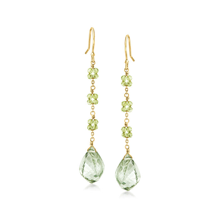 12.00 ct. t.w. Prasiolite and 1.20 ct. t.w. Peridot Bead Drop Earrings in 18kt Gold Over Sterling