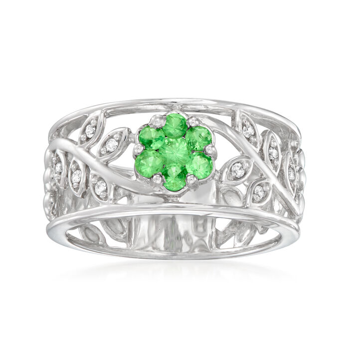 C. 1990 Vintage .35 ct. t.w. Tsavorite Flower Ring with Diamond Accents in 9kt White Gold