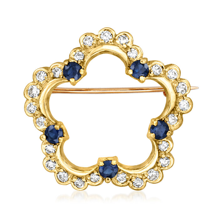 C. 1980 Vintage .55 ct. t.w. Diamond and .33 ct. t.w. Sapphire Open-Space Flower Pin in 18kt Yellow Gold