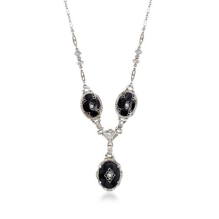 C. 1960 Vintage Onyx and .10 ct. t.w. Diamond Fancy-Link Necklace in 14kt White Gold