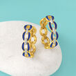 .25 ct. t.w. Diamond and Blue Enamel Link Hoop Earrings in 18kt Gold Over Sterling
