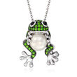 9mm Cultured Pearl and .60 ct. t.w. Chrome Diopside Frog Pin/Pendant Necklace with Onyx in Sterling Silver