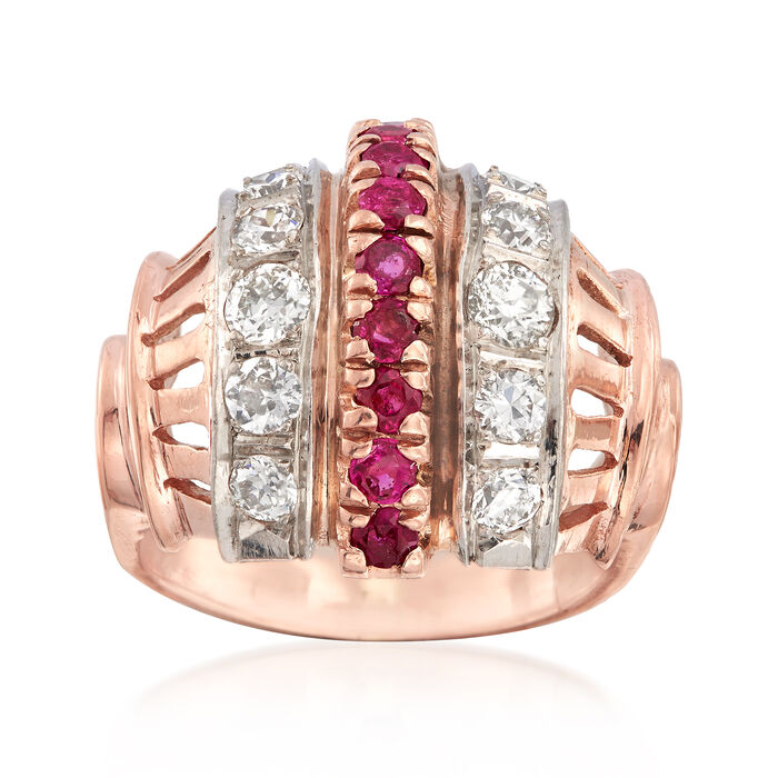 C. 1950 Vintage .85 ct. t.w. Diamond and .65 ct. t.w. Ruby Ring 14kt Rose Gold