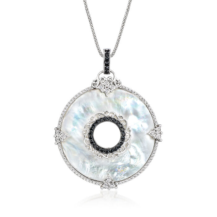 Mother-of-Pearl and 2.40 ct. t.w. White Zircon Medallion Pendant Necklace with 1.10 ct. t.w. Black Spinel in Sterling Silver