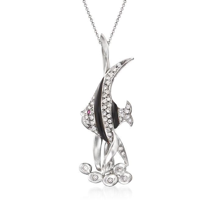 C. 2000 Vintage Black Onyx and .76 ct. t.w. Diamond Fish Pin/Pendant Necklace with Ruby Accents in 18kt White Gold