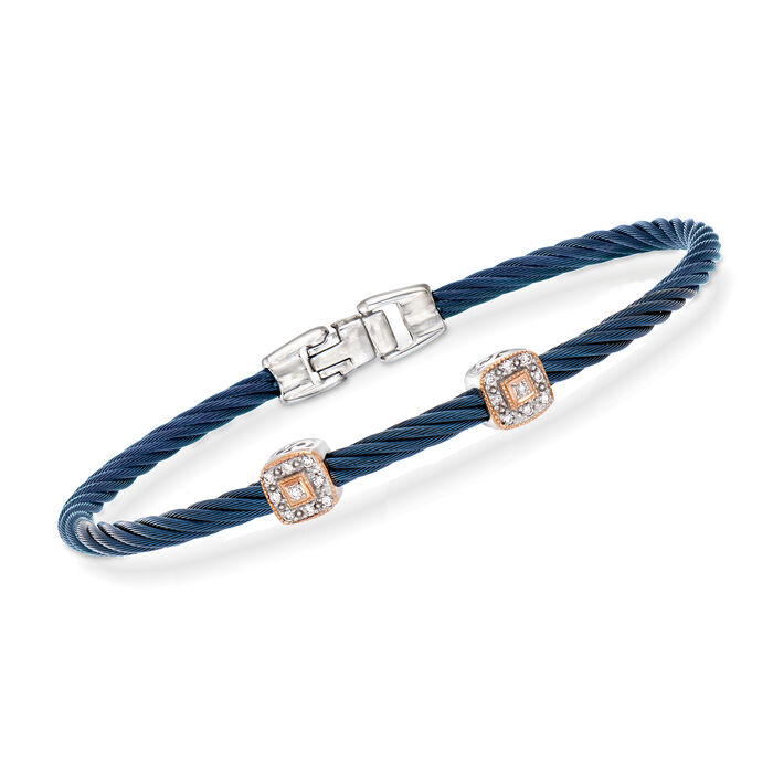 ALOR &quot;Shades of Alor&quot; Blue Stainless Steel Cable Station Bracelet with Diamond Accents and 18kt White and Rose Gold