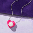 8.5-9mm Cultured Pearl and Pink Enamel Heart Pendant Necklace in Sterling Silver