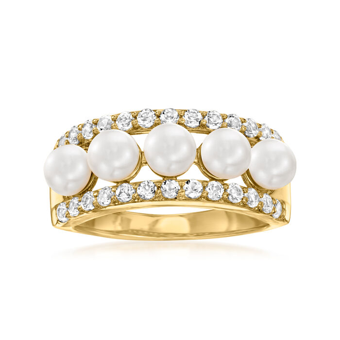 4.5mm Cultured Button Pearl and .70 ct. t.w. White Topaz Ring in 18kt Gold Over Sterling