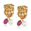 C. 1970 Vintage Cultured Pearl and 4.30 ct. t.w. Ruby Roman God Drop Earrings with .12 ct. t.w. Diamonds in 14kt Yellow Gold