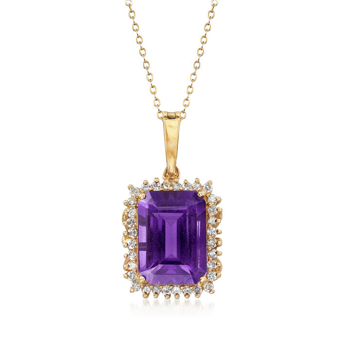 C. 1980 Vintage 13.50 Carat Amethyst and .80 ct. t.w. Diamond Pendant Necklace in 14kt Yellow Gold