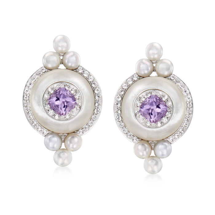 3.5-4mm Cultured Pearl, Mother-Of-Pearl and 1.48 ct. t.w. Multi-Gemstone Earrings in Sterling Silver