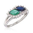 1.00 Carat Sapphire and .70 Carat Emerald Ring with Diamonds in 14kt White Gold