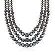 6-12mm Black Shell Pearl Graduated Three-Strand Necklace with Sterling Silver