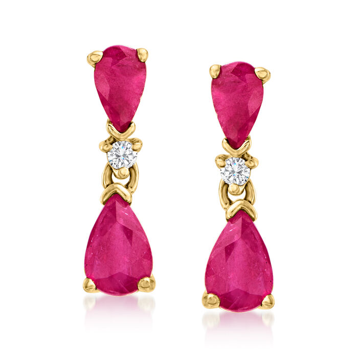 1.50 ct. t.w. Ruby Drop Earrings with Diamond Accents in 14kt Yellow Gold