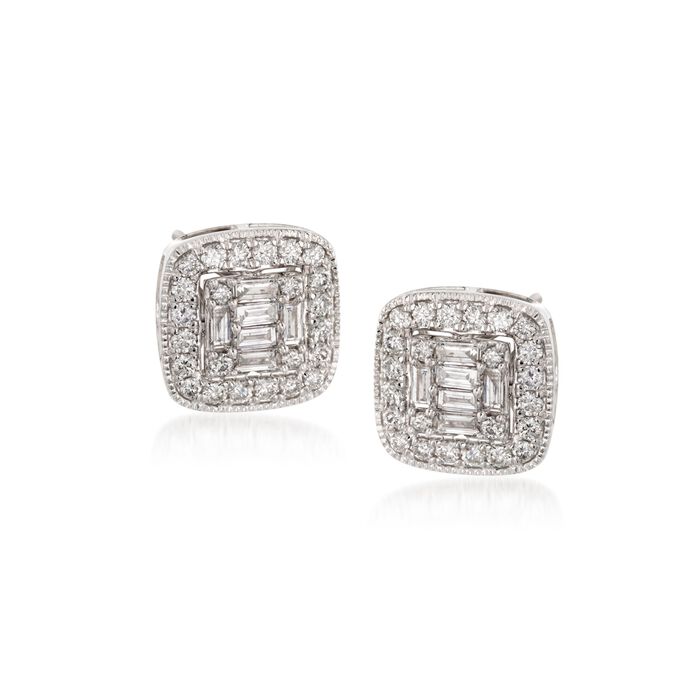 .99 ct. t.w. Baguette and Round Diamond Stud Earrings in 14kt White Gold
