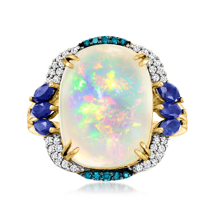 Opal, .80 ct. t.w. Sapphire and .26 ct. t.w. White and Blue Diamond Ring in 14kt Yellow Gold