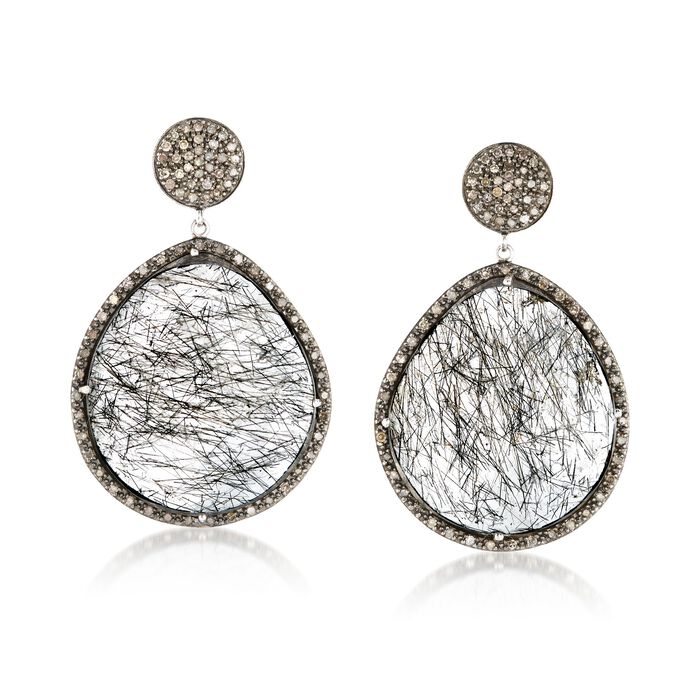 70.00 ct. t.w. Tourmalinated Quartz and 1.25 ct. t.w. Diamond Earrings in Sterling Silver