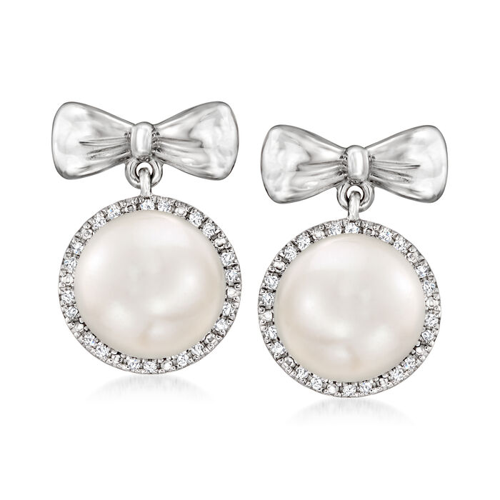 8.5-9mm Cultured Pearl and .10 ct. t.w. Diamond Bow Drop Earrings in Sterling Silver