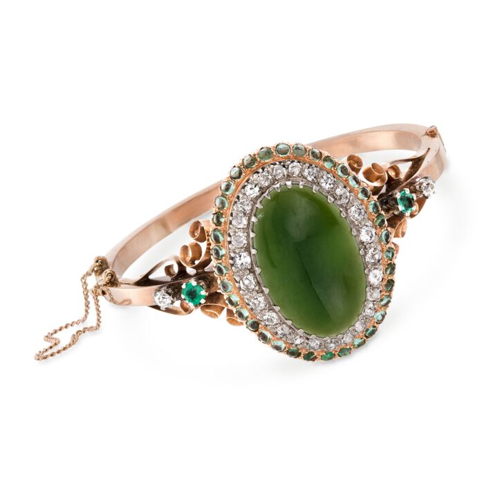 C. 1900 Vintage Green Jadeite Jade and 5.30 ct. t.w. Multi-Stone Bracelet in 14kt Yellow Gold