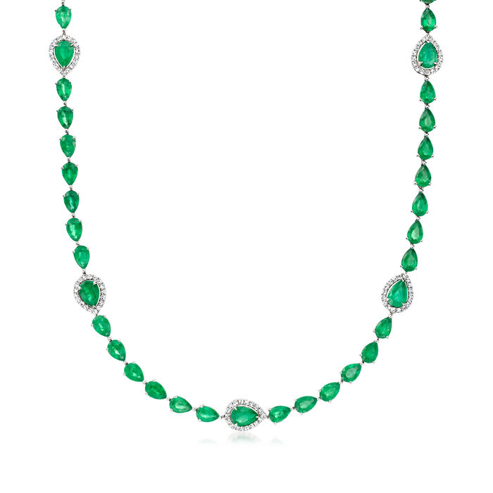 25.00 ct. t.w. Emerald and 1.25 ct. t.w. Diamond Tennis Necklace in 18kt White Gold