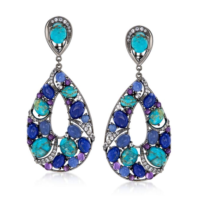 Turquoise and Lapis Drop Earrings with 5.00 ct. t.w. Multi-Stones in Sterling Silver