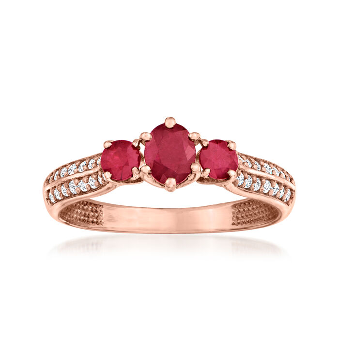 .80 ct. t.w. Ruby Three-Stone Ring with .23 ct. t.w. Diamonds in 14kt Rose Gold