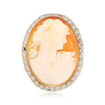 C. 1950 Vintage Orange Shell Cameo Pin/Pendant in 14kt White Gold