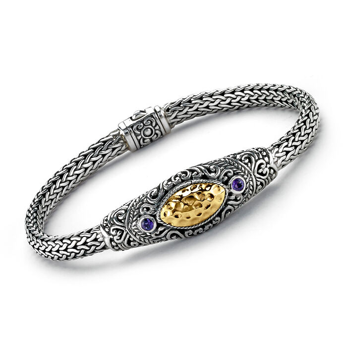 Sterling Silver Bali-Style Bracelet with .20 ct. t.w. Amethyst and 18kt Yellow Gold