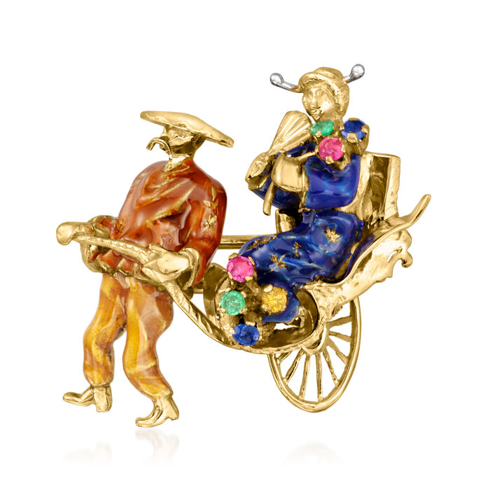 C. 1970 Vintage .38 ct. t.w. Multi-Gemstone and Multicolored Enamel Rickshaw Pin in 18kt Yellow Gold