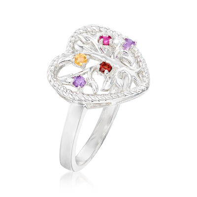 Personalized Birthstone Tree of Life Heart Ring in Sterling Silver