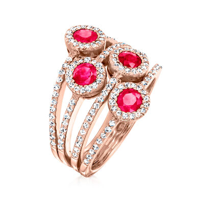 1.30 ct. t.w. Ruby and .67 ct. t.w. Diamond Multi-Row Ring in 14kt Rose Gold