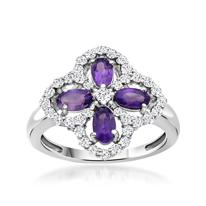 1.00 ct. t.w. Amethyst and .50 ct. t.w. White Topaz Clover Ring in Sterling Silver