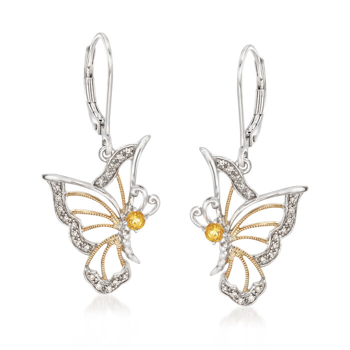 .10 ct. t.w. Diamond and .10 ct. t.w. Citrine Butterfly Earrings in Sterling Silver and 14kt Yellow Gold