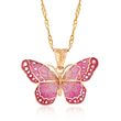 Italian Pink Enamel Butterfly Pendant Necklace in 18kt Yellow Gold