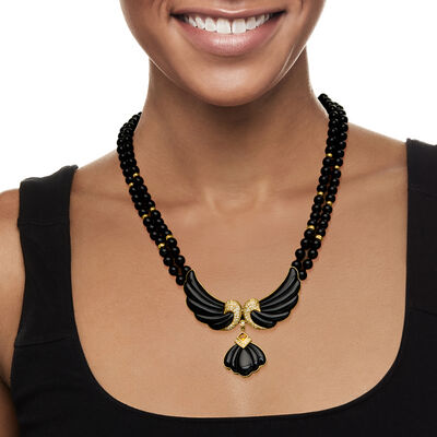 C. 1980 Vintage Onyx, 1.00 ct. t.w. Diamond and .30 Carat Citrine Pin/Necklace in 14kt Yellow Gold