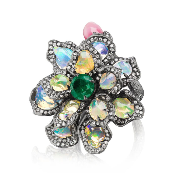 Opal, Shell Pearl, 2.23 ct. t.w. Diamond and 1.75 Carat Emerald Flower Ring in 18kt White Gold