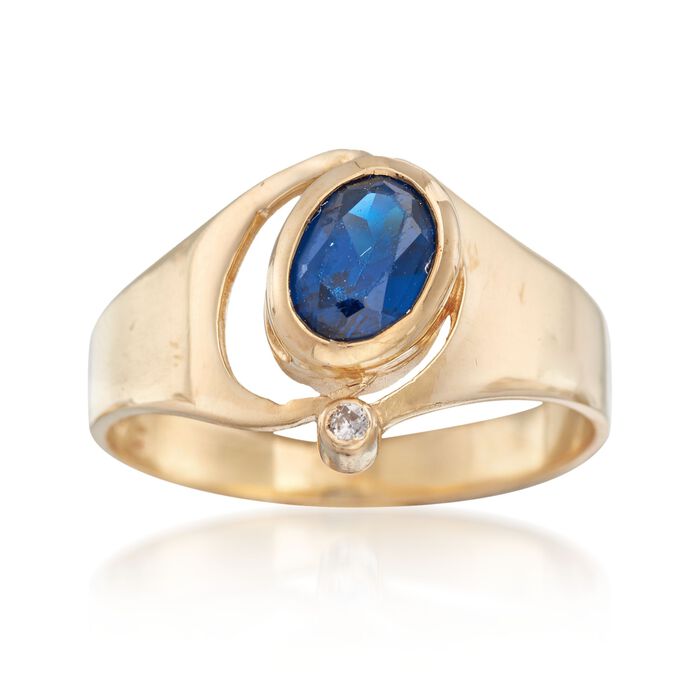 C. 1980 Vintage .95 Carat Blue Synthetic Spinel Ring With Diamond Accent in 14kt Yellow Gold