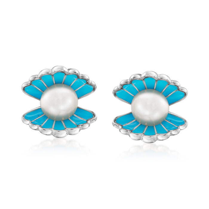 6-6.5mm Cultured Pearl and Blue Enamel Seashell Earrings in Sterling Silver