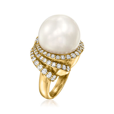 C. 1980 Vintage 15mm Cultured Pearl and 1.47 ct. t.w. Diamond Ring in 18kt Yellow Gold