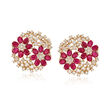 5.25 ct. t.w. Ruby and 2.25 ct. t.w. Diamond Flower Earrings in 14kt Yellow Gold