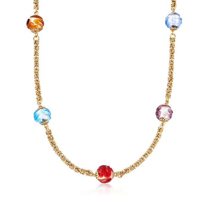 Italian Multicolored Murano Glass Bead Necklace in 14kt Yellow Gold