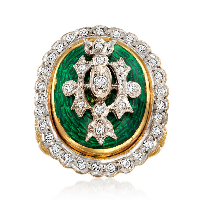 C. 1950 Vintage .60 ct. t.w. Diamond and Green Enamel Cocktail Ring in 18kt Two-Tone Gold