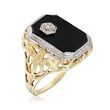 C. 1950 Vintage Black Onyx Rectangular Ring With Diamond Accent in 14kt Two-Tone Gold