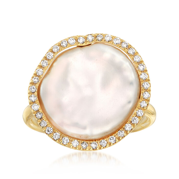 Mazza Cultured Coin Pearl and .19 ct. t.w. Diamond Ring in 14kt Yellow Gold