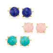 Multi-Gemstone Jewelry Set: Three Pairs of Stud Earrings in 18kt Gold Over Sterling