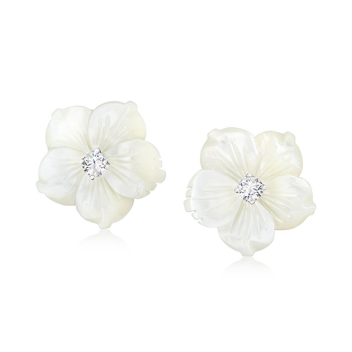 Italian Mother-of-Pearl and .40 ct. t.w. CZ Flower Earrings in Sterling Silver