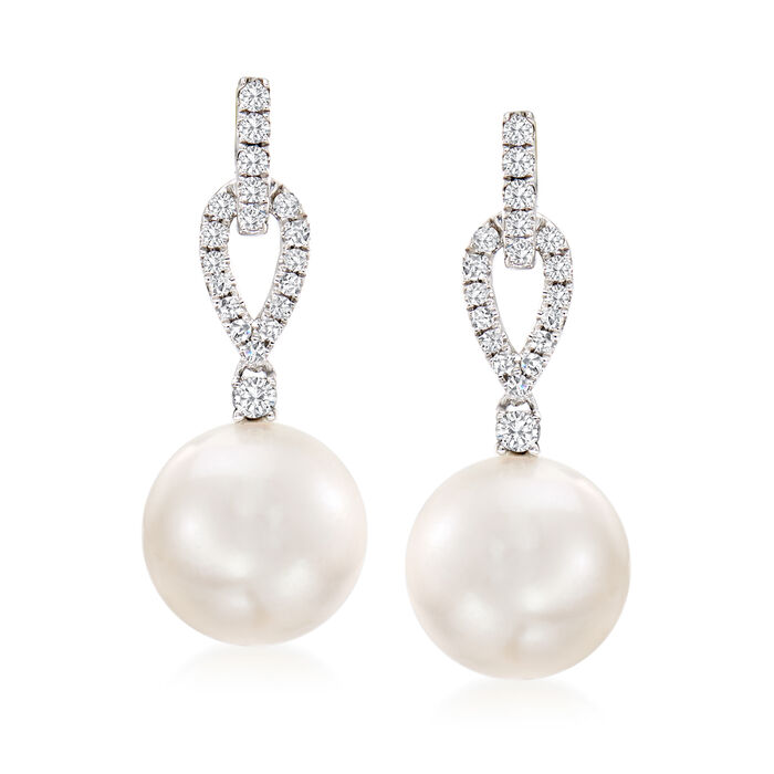 10-11mm Cultured South Sea Pearl and .29 ct. t.w. Diamond Drop Earrings in 18kt White Gold